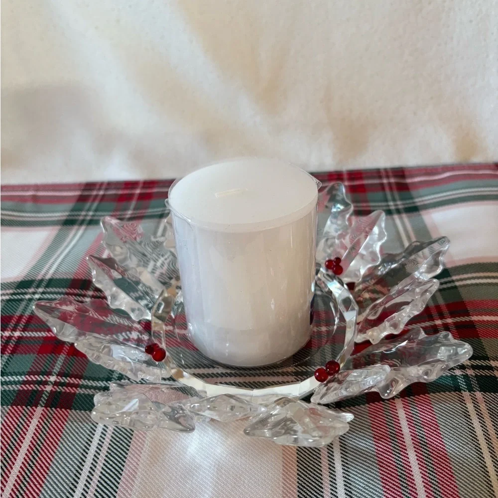 Vintage Crystal Partylite Candle Holder-Clear Poinsettia Leaves with Red Berries - Picture 5 of 6